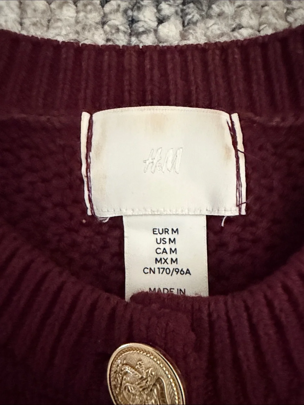 H&M Short-Sleeve Textured Knit Cardigan in Burgundy with Gold Buttons